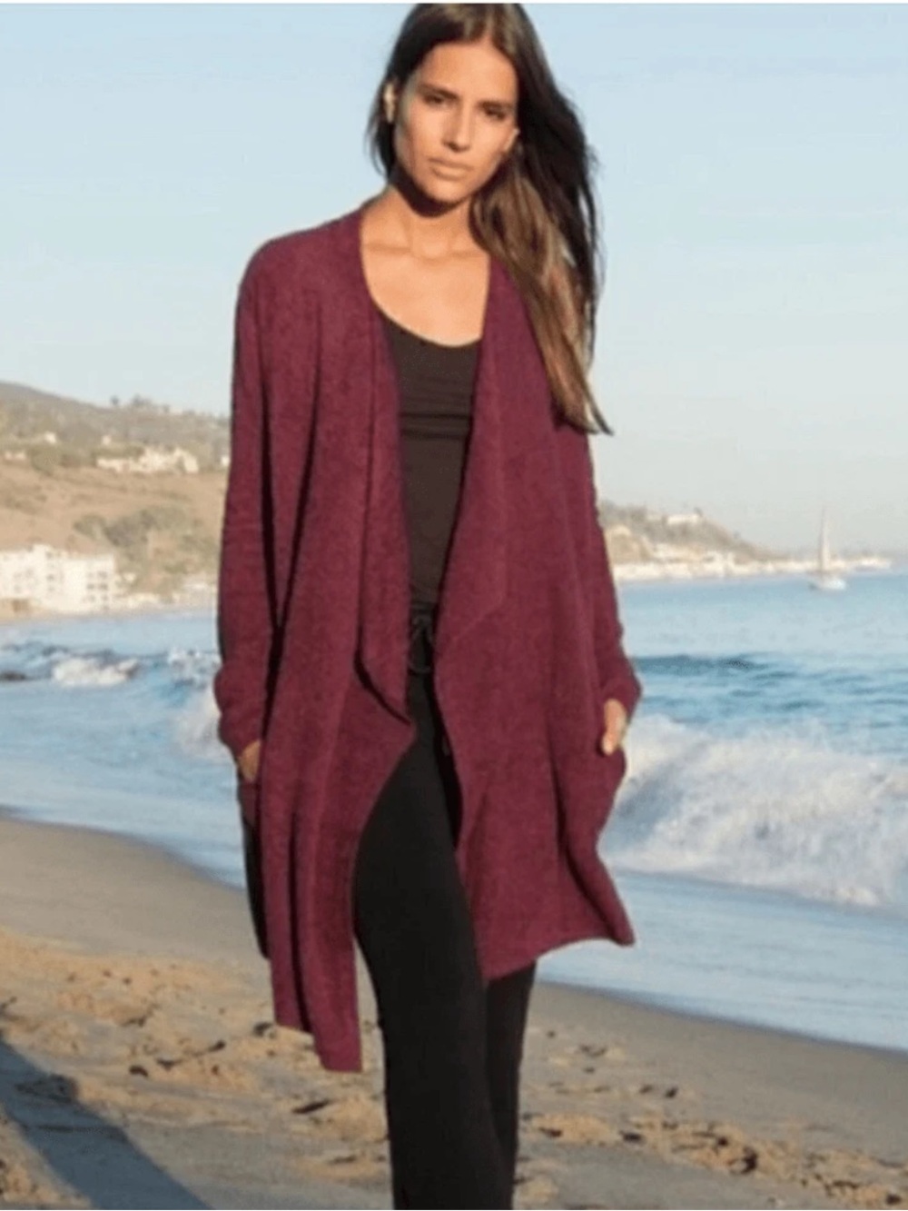 Barefoot Dreams Bamboo Chic Lite Island Wrap Cardigan Burgundy Wine Sz S/M